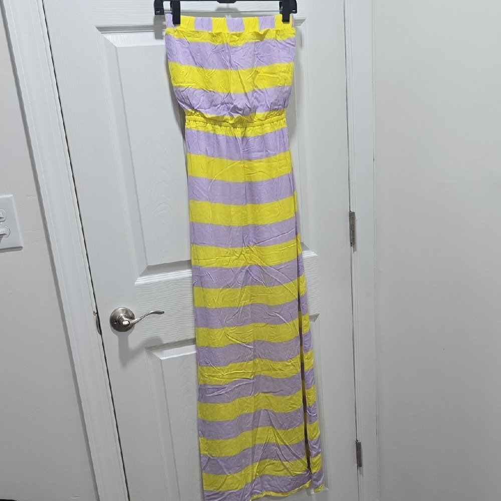 Splendid Yellow and Lavender Striped Strapless Maxi Dress